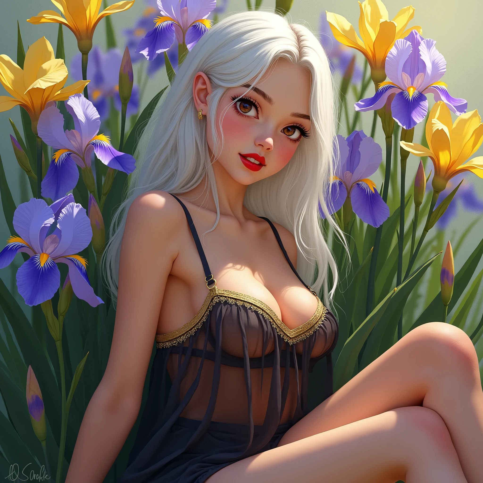 realistic, 1girl, white hair, purple eyes, glowing eyes, parted lips, blush, night, flowers, sun, sunlight, White thong panties and white translucent bra