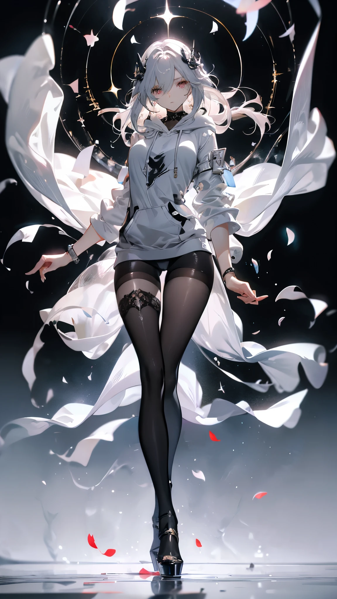 A beautiful female knight against a pure white background，Rich facial and full body details，Wearing high heels，Perfect body proportions，Eyes sparkling，Sexy and charming，Wearing a grey hoodie，Petals falling，Breathtakingly beautiful，Transparent gauze material，Naked，Wearing fishnet stockings