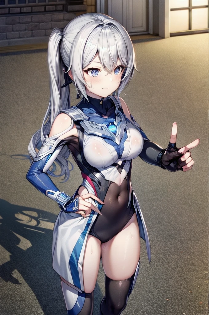 Highly Detailed CG Unreal Engine 8k, Highest quality, One girl, Beautiful detailed girl, (Ultra Girl :1.0), Ultraman bodysuit, Small breasts, whole body, A light smile, Twin tails, Hands on hips, Are standing, (Detailed fingers, Fine hand, Detailed face), all intricate detailed buildings behind, outside,Sweat，The body trembles，Combat Ready，Ultraman Pose，
