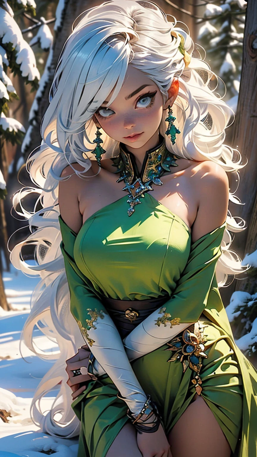 4k, beautiful, pretty face, dark elf girl, petite, young, 20s, (masterpiece:1.2), (best quality:1.2), (tiny waist:1.3), wide hips, necklace, perfect eyes, green eyes, perfect face, perfect lighting, (shy:1.2), introvert, looking away, blush, (1girl), medium , white hair, white outfit, (straight hair), wide mouth, thick lips