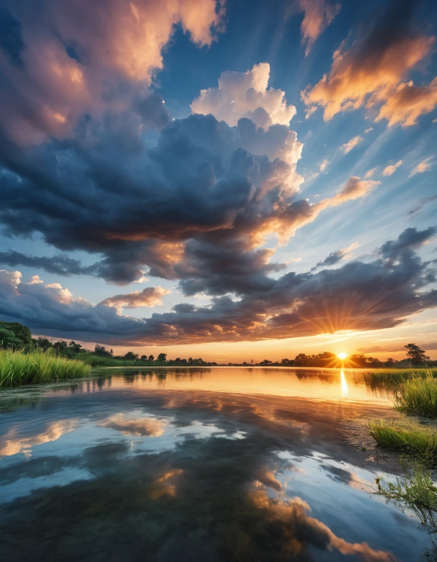 Best-quality, Masterpiece, Ultra-High-Resolution, (Photorealistic:1.4), Raw-Photo, outdoors, sky, cloud, water, no humans, cloudy sky, scenery, reflection, sunset, ,ImgFixerPre0.3