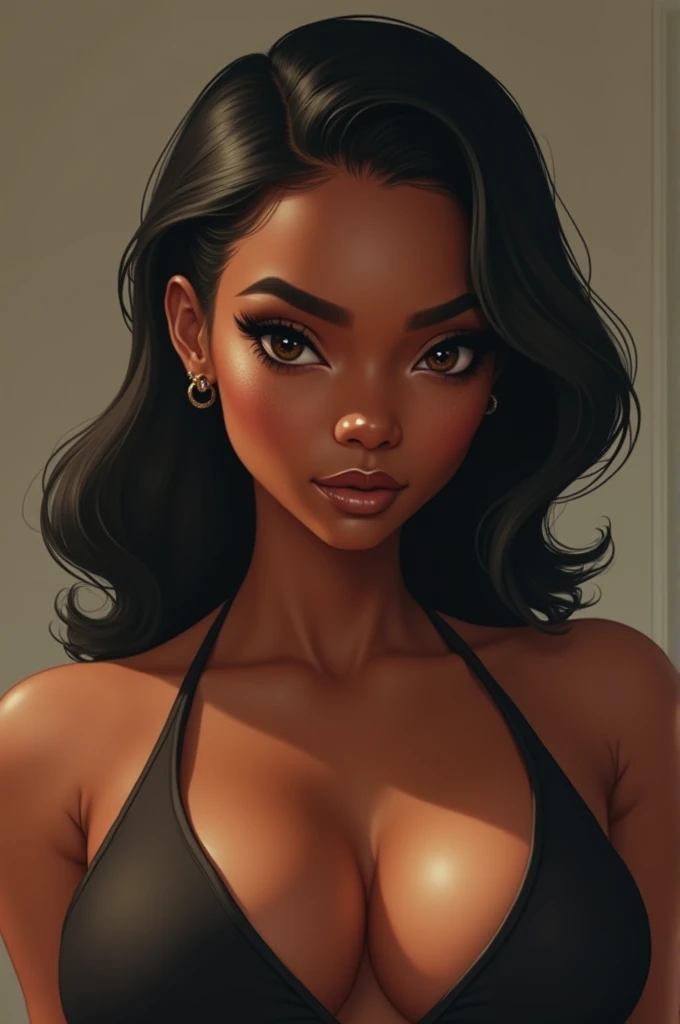 Pixel AI image of a woman with dark skin and a pink tank top, small breasts and thin