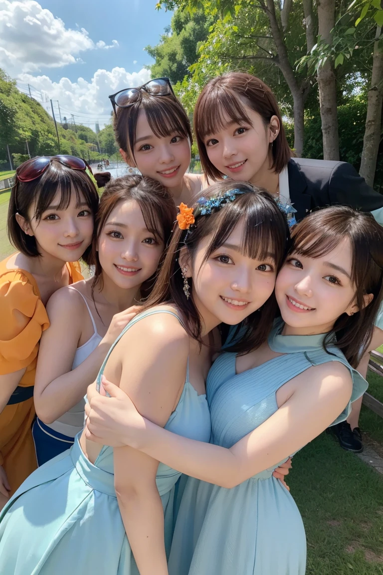 ((Best quality, masterpiece)), five lifelong friends,japanese idol,costume,((orange juice)), warmly embracing, smiling ear-to-ear, surrounded by lush greenery and a crisp blue sky, basking in the sunshine of a perfect day.