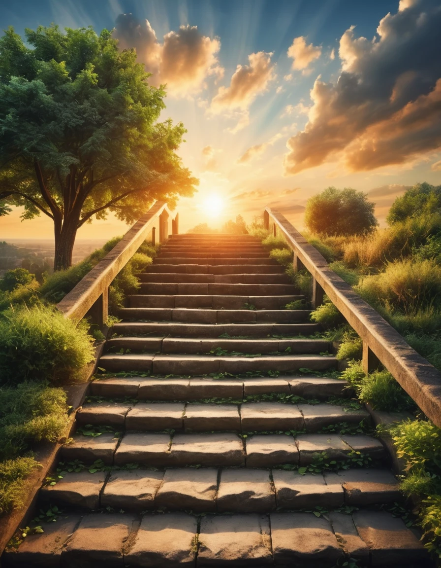 Best-quality, Masterpiece, Ultra-High-Resolution, (Photorealistic:1.4), Raw-Photo, Extremely-Detaied, outdoors, sky, cloud, tree, no humans, building, nature, scenery, sunset, stairs, landscape, ImgFixerPre0.3