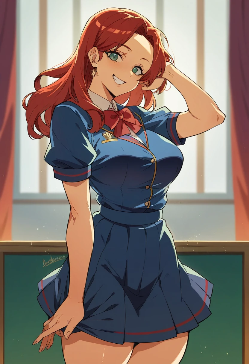 ((best quality)), ((masterpiece)), (detailed), 1girl, Red hair, the size of the breasts is immense, softly smiling, view from the bottom, ((schoolar uniform)),