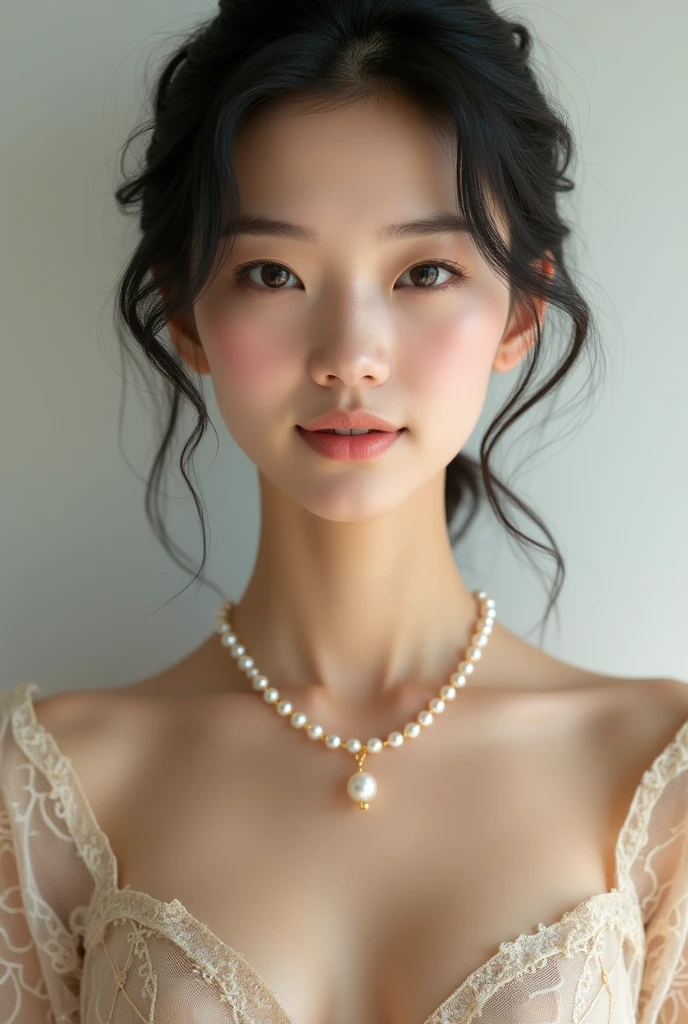 Elegant mature young woman wearing pink tatoe。Full body front view、Asian、The skin is relatively white、Luxurious clothing、Silky transparent lace on the clothes、Gold wire trim、Jewelry decoration、A pearl necklace hangs around her neck。