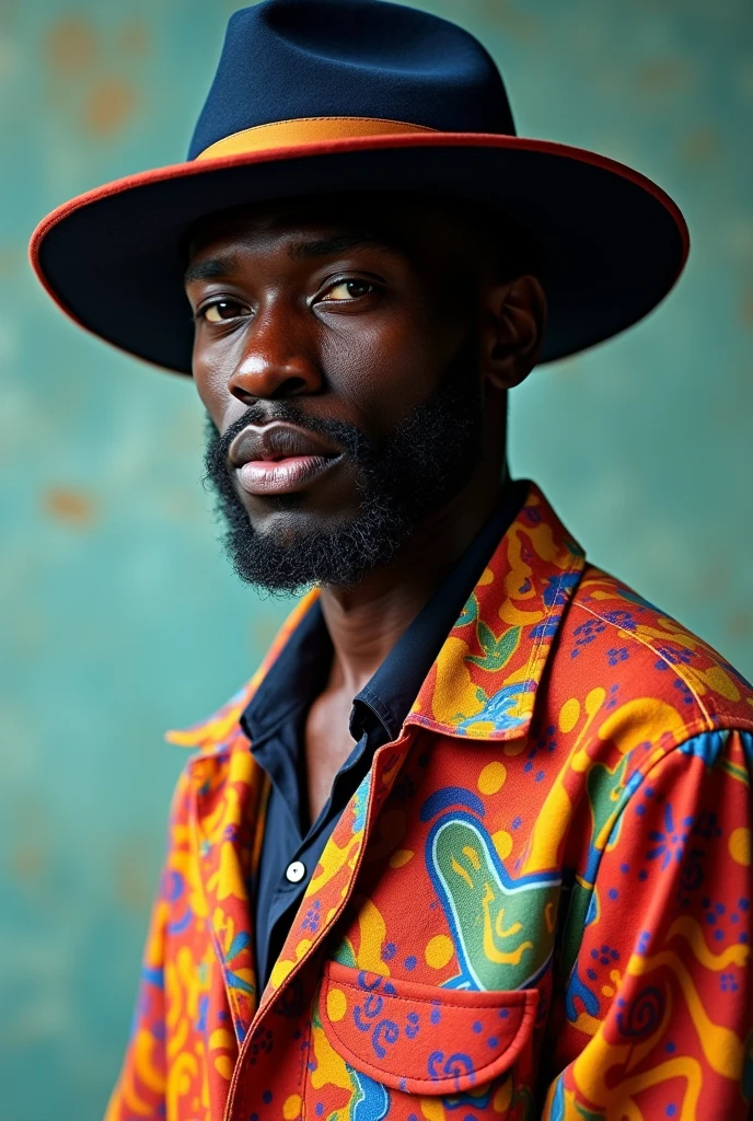 **a black man in a printed suit and hat standing on a colorful background, in the style of bold contrast and textural play, appropriation artist, asante art, bold fashion photography, optical, celebrity-portraits, dark orange and turquoise