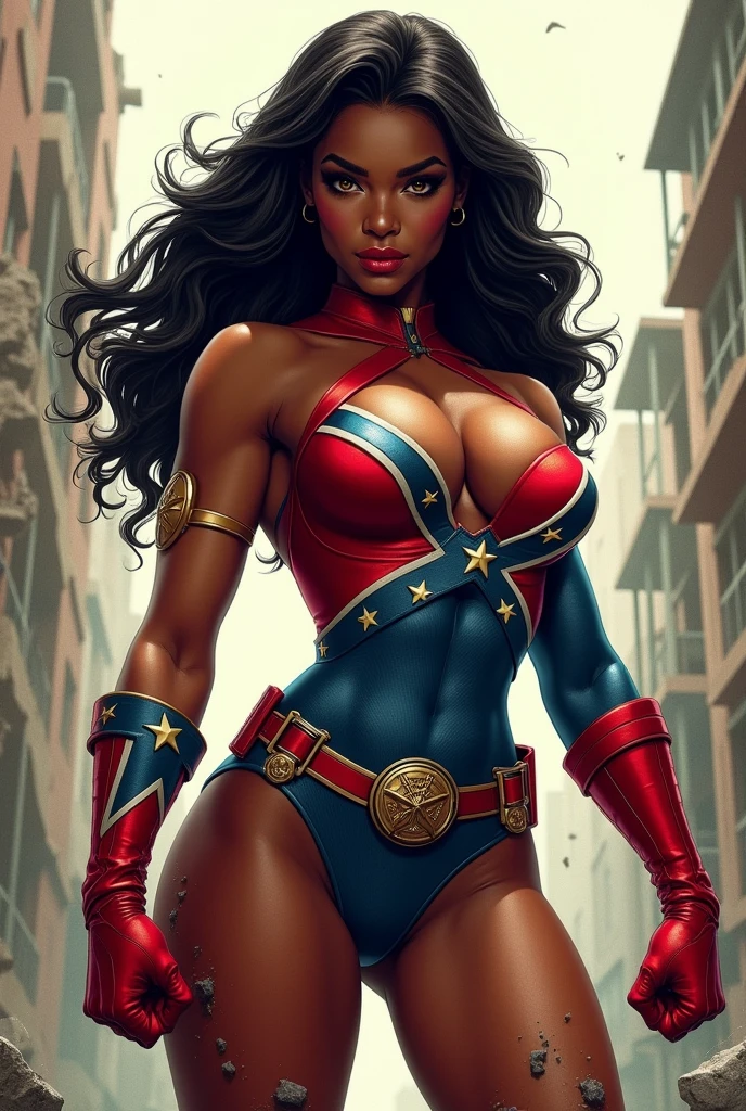 (((Simon Bisley))), (((flag))), (muscular), Mature woman 35 years muscular beautiful, (((black African woman)))), (((afro hair)))), giant robot pilot, wild with perfect body, bare thighs, black hair, wearing little clothing, dark blue clothing with white stars, red with white stripes, tiny thong, hoarse with the colors of the United States flag, sensual pose, (gigantic and massive tits:1.1), technological scenery