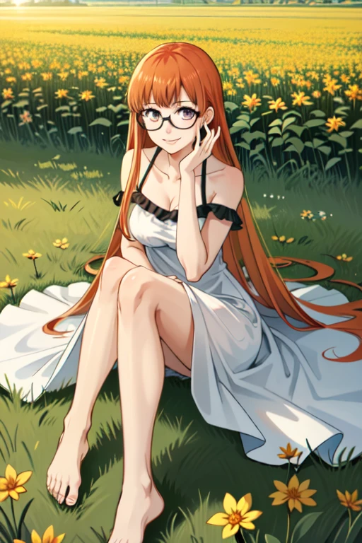 anime girl with bunny ears, orange hair , Olive green eyes and round glasses looking at the viewer smiling, sundress, background forest