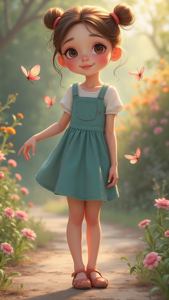 (girl, Twin Tails), A girl in the sunshine, wearing a dress and a pair of ponytails, is happily chasing flying butterflies in the bright sunshine. Her smiling face is filled with happiness, and the camera is taken of her whole body. The background is a fresh natural scenery, full body, (Photography, Raw photo), panoramic view, award-winning, cinematic still, emotional, vignette, dynamic, vivid, (masterpiece, best quality, Professional, perfect composition, very aesthetic, absurdres, ultra-detailed, intricate details:1.3)