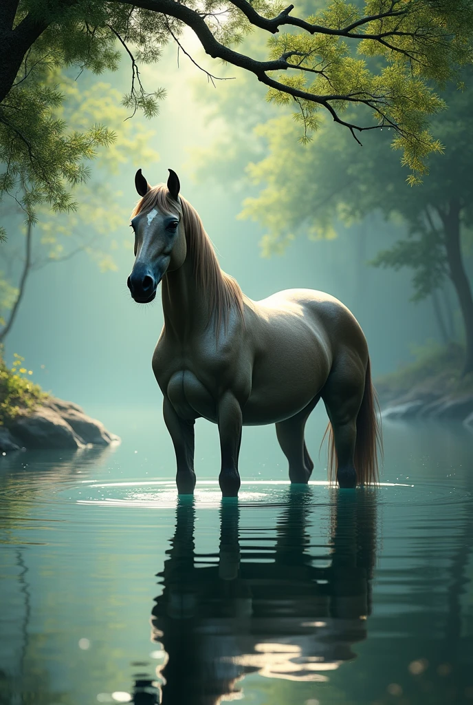 (best quality,highres,photorealistic:1.2),a girl bathing an adult horse in a river,hungry girl,dressed girl,sunset rays,colours of nature,beautiful scenery,stunning landscape,water reflections,serene atmosphere,peaceful setting,serene pasture,strong bond between human and animal,calm waters,sparkling river,tranquil ambiance,harmonious connection,deep affection between girl and horse,serenity,gentle touch,blissful moment,dim golden light,sublime beauty,warm hues,luminous glow,ethereal scene,harmony,serene equine,elegant pose,radiant sun,majestic silhouette,peaceful interaction,gentle nature of the horse,symbiotic relationship,serene environment,tranquil experience,vivid colors,glowing highlights精致身体注释long curved eyelashes,beautiful detailed eyes,beautiful detailed lips,dreamy soft skin, flowing mane of the horse,vectoroys illustration style,refined brushstrokes,rich pigments,vibrant tones,soft pastels,natural texture,harmonious contrast,dynamic composition.