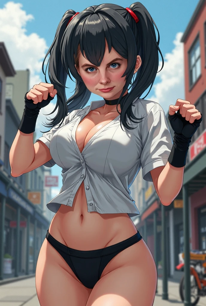 (masterpiece, best quality: 1.2), cowboy shot, solo, 1girl, yaoyorozu momo, anime screencap, city, long hair, black hair, gray eyes, looking at the viewer, lustful, closed mouth, ass, wide hips, short shirt, short shorts, unbuttoned shorts, erotica, back