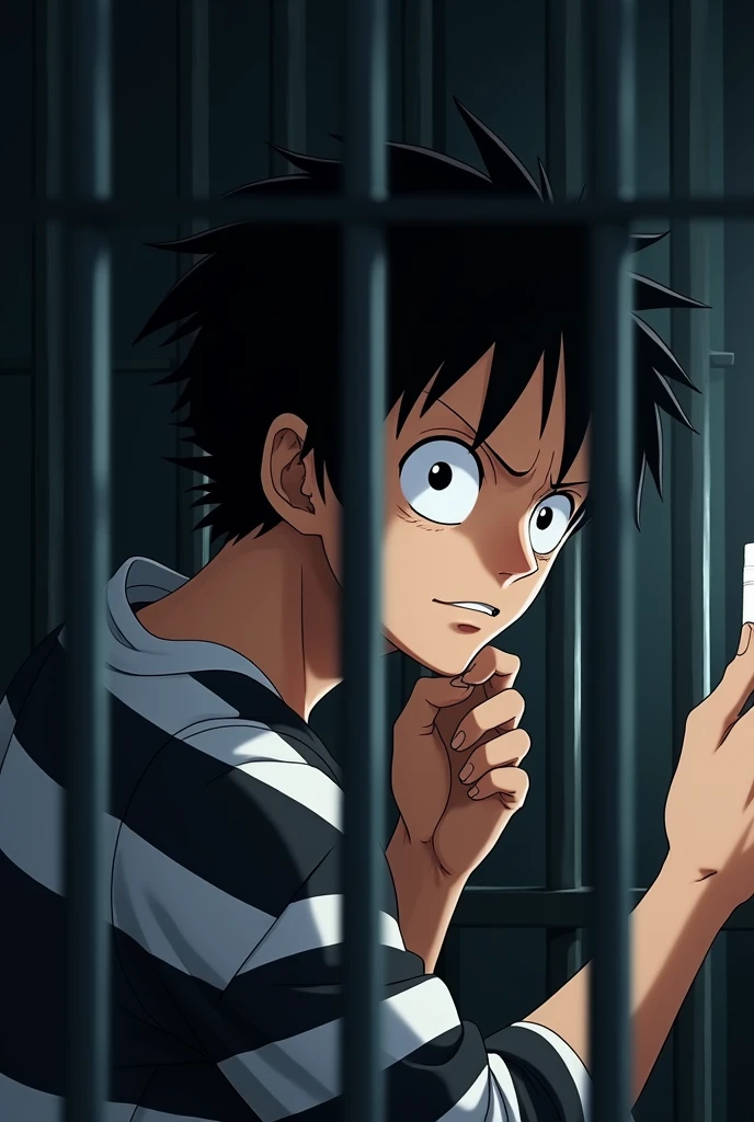 Monkey D. Luffy in an orange long-sleeved prison uniform with teary eyes inside a jail