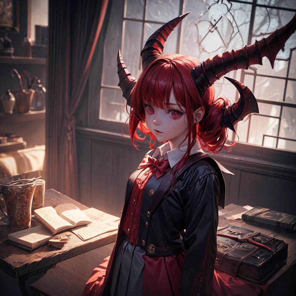 A  demon child,t yearslies on a red velvet bed, surrounded by a chaotic and vibrant background filled with swirling flames and glowing orbs. The child's small, horned headilted back, laughing mischievously as a wicked grin spreads across their small, sharp teeth. Their scaly, red skin is covered in small freckles, and their large, fiery eyes gleam with mischief and mischief. The child's tail curls playfully artheir small form, and their small hooves tap impatiently against the edge of the bed. Despite their devilish appearance, there is a certain charm and innocence to