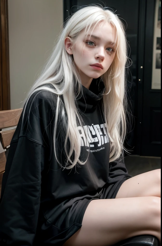 (Ass up,knees folded,side angle),1girl,pale skin,white long hair,delicate face,heterochromia eyes,freckles,(black hoodie,gym shorts),(thick thighs),white background,(best quality:1.2,ultra-detailed,realistic:1.37),portrait,soft colors,polished lighting