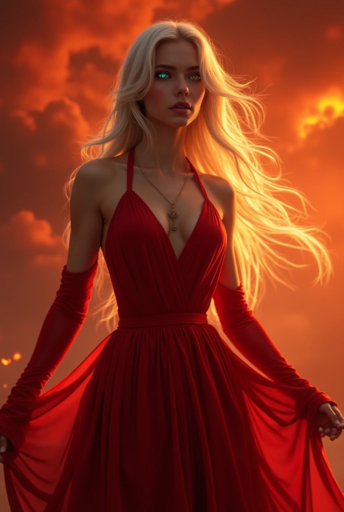(Absurd, High resolution, Super detailed), One girl, Zodiac sign - Aries Goddess , alone, mature, Baroque, Long dress, Long sleeve, elegant, colorful, Most detailed, Upper Body , Sunset Hair . Eye of Fire . Brave, Selfish, Productive, The face of an enterprising humanitarian .