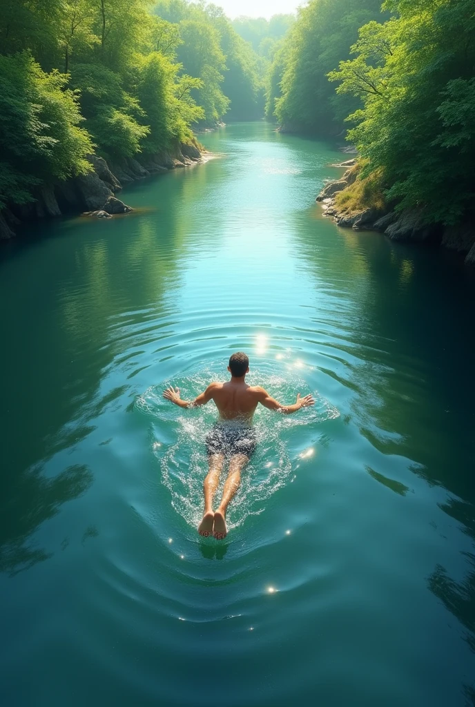 A vibrant digital painting of a man swimming in a crystal-clear lake, surrounded by lush greenery. His face is turned towards the sun, and his body is elongated in a graceful stroke.