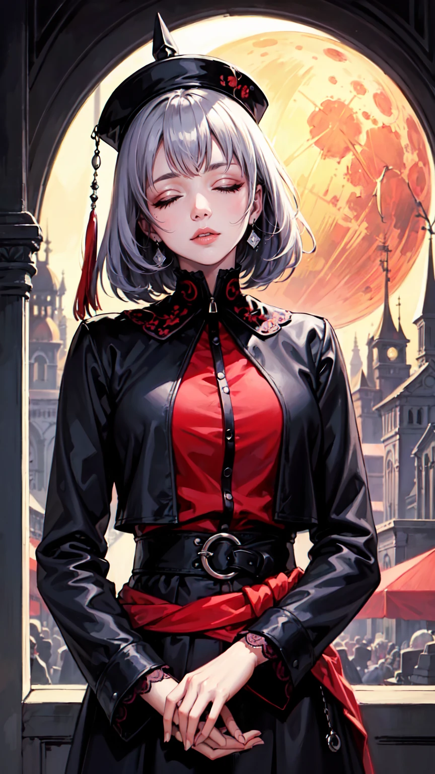 ((A masterpiece of modern digital ANIME art in 2.5 D style).(Best image quality with high resolution).(Beautiful and skillful image composition).(Beautiful perspective of the image).(Accent in half body art-style))goth-punk style.The insanely beautiful artwork of the authors from Artstation. Anime aesthetics in every detail. A 1girl with silver hair and burgundy eyes, (eyes half-closed.)., a work painted with a dry brush taking into account the proportions . A beautiful pale face with a piercing gaze in the side. (medieval European jester's hat with Rhomboid patterns on the hat ,laces on the hat. very long jester hat). (the character doesn't look at the camera .) In the background you can see the masterfully. 
In the background is a gloomy castle on fire, over which hangs a 
blood moon and dark clouds, half concealing the soft light that is 
illuminating the setting, enhancing the gloomy mood with a soft red 
light. Highly detailed scene design, Full HD, anime-style 
8K resolution illustration.