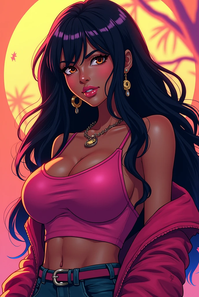 score_9, score_8_up, score_8, 1girl, dark skinned female, upper body,goth, , chel, the road to el dorado dark lipstick, makeup, goth girl, piercings, eyeshadow, lip piercing, septum piercing, nose ring, mascara, black clothing, fishnet top, fishnet sleeves, choker, tube top, cleavage, areola slip, skimp, slutty,midriff,score_7_up,score_6_up,masterpiece, ,cartoon,,g4n1m3