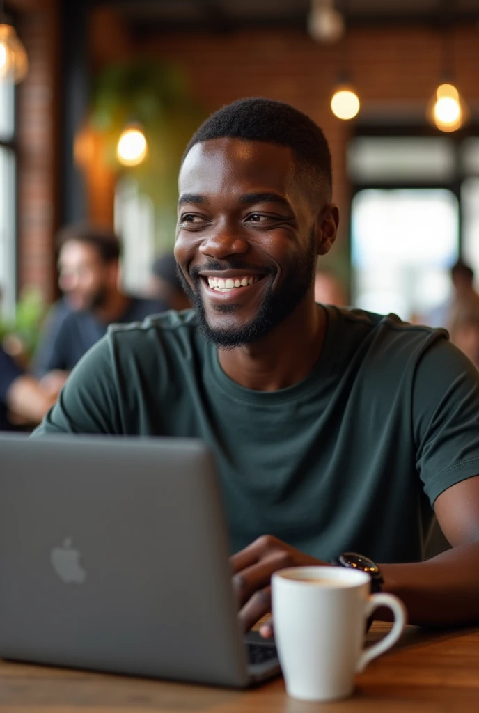 A handsome charming black African man in his early 30s, casual dressing with t-shirt coding in a restaurant. Let the image subject to be some distance away from the camera