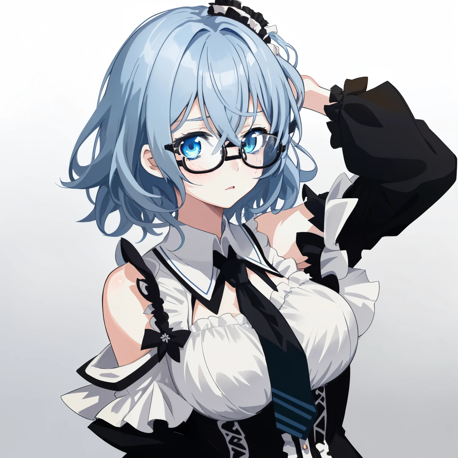 (highest quality、masterpiece:1.2) 1 Female, (adult), Dark skin, middle hair, dark white hair, blue hair, mixed hair color, yellow Eyes, little glasses, ((black tailored jacket, white shirts, shorts pants)), smiling eye, collarbone, (cleavage), little earring, armpit, pointy ears, (off shoulder), leather gloves, (mouth mask), hair over one eye