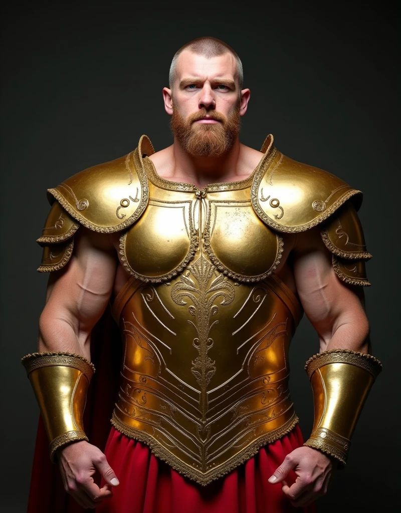 (masterpiece), best quality, highly realistic, detailed image of three men, (beautiful, muscular, tattooed, ginger, naked, wearing a tiny golden metal loincloth), wearing massive heavy golden metal chains at his wrists biceps and neck, golden chest armour, golden torc, full body image, seen from a low angle, on a darkened background