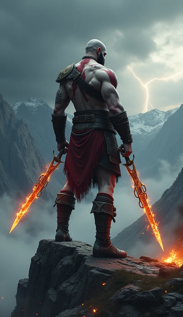 Kratos with the swords of chaos on fire and Zeus on Mount Olympus in the background