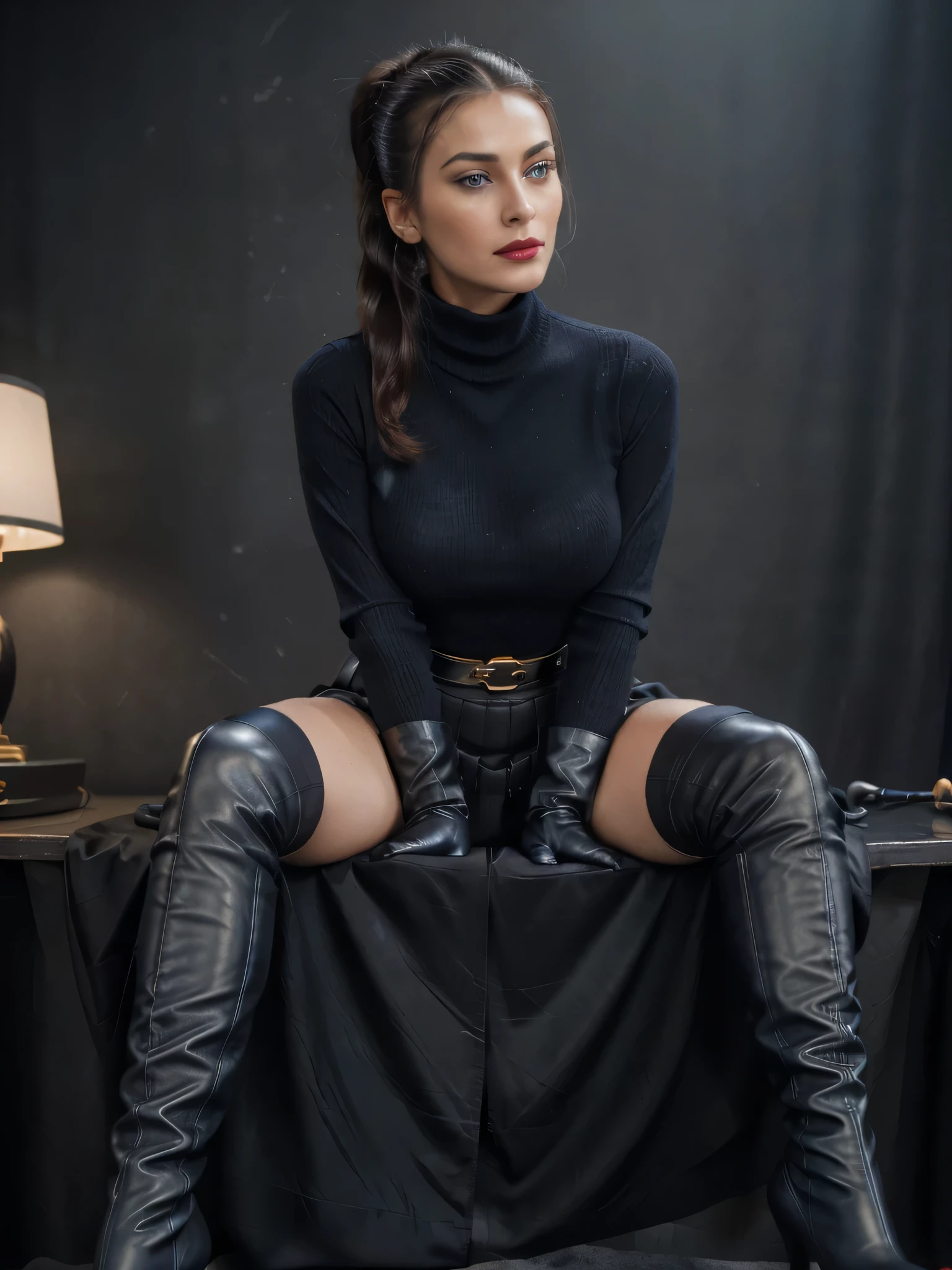 photo of a completly clothed russian sniper woman with a sensual smile sitting on her desk legs crossed ,waitin for her victim , monica bellucci at 32 , ((incredibly clear blue eyes )) (( flirting with the camera)) (( lookin at the camera)) (( red lipstick)) (( Monica is dressed with a blue tellier jacket blue turtleneck sweater , gold chain, and a large covering all her legs black long maxi-skirt(black long maxi-skirt:1.2 )) (( black soft stiletto Leather boots )) (( black ponytail hair)) (( she is wearing his favorite vintage grey silk gloves )) (( she is sensually caressing her black boots)) (( the photo is from up front )) 4k 8k ultradetailed, kodak print, detailed realistic face,