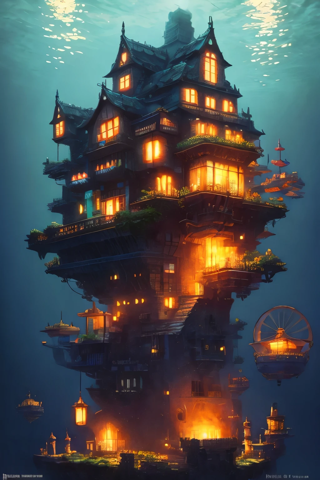 Color (Fantasy: 1.2), (Hayao Miyazaki style), (irregular building floating in the sea), patchwork cottages, flower decorations, lights, concept art inspired by Andreas Rocha, Artstation contest winner, Fantasy art, (underwater city), ross tran, light shafts, realistic lighting, masterpiece, high quality, beautiful graphics, high detail, masterpiece, high quality, beautiful graphics, high detail,