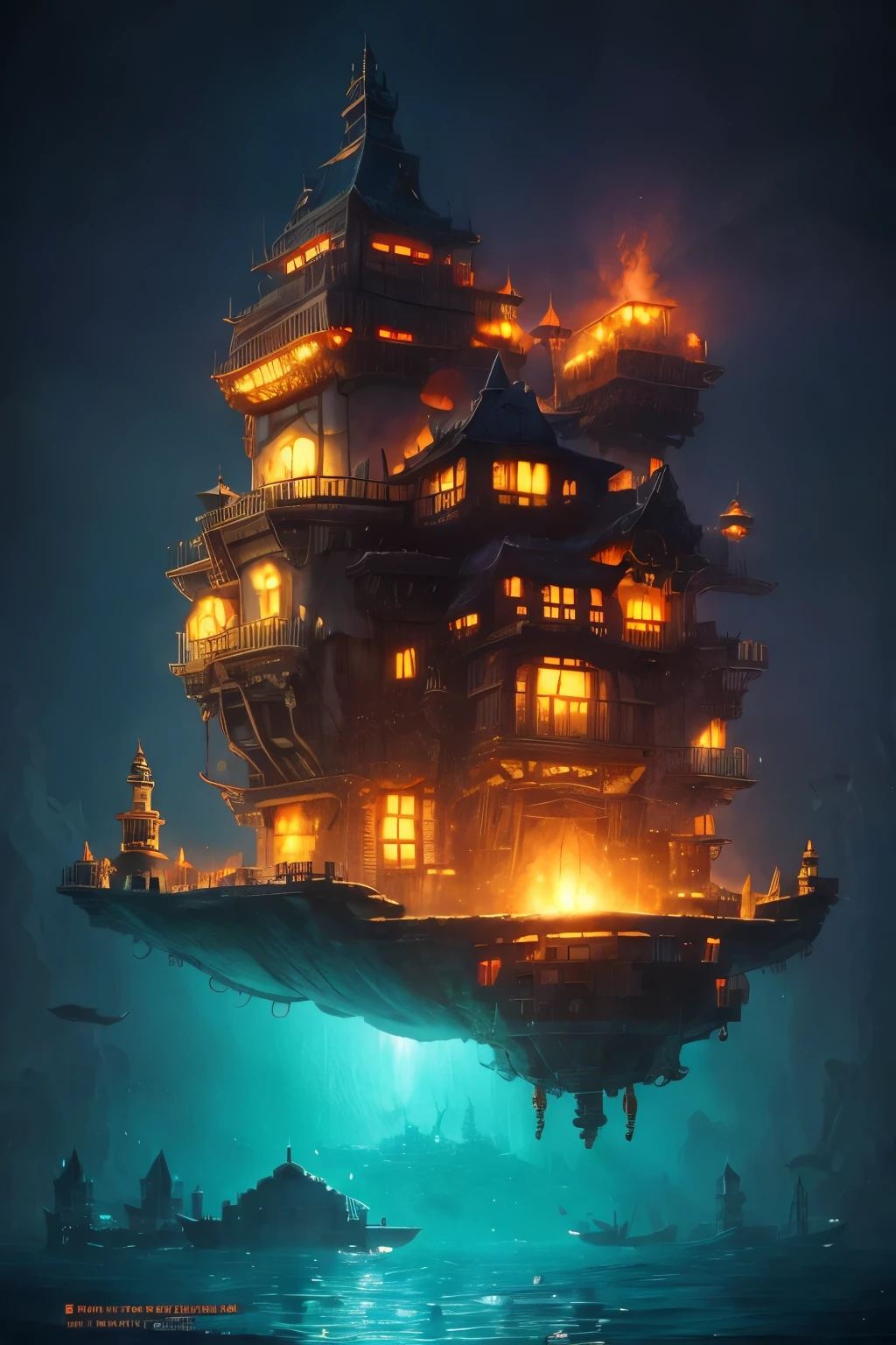 Color (Fantasy: 1.2), (Hayao Miyazaki style), (irregular building floating in the sea), patchwork cottages, flower decorations, lights, concept art inspired by Andreas Rocha, Artstation contest winner, Fantasy art, (underwater city), ross tran, light shafts, realistic lighting, masterpiece, high quality, beautiful graphics, high detail, masterpiece, high quality, beautiful graphics, high detail,