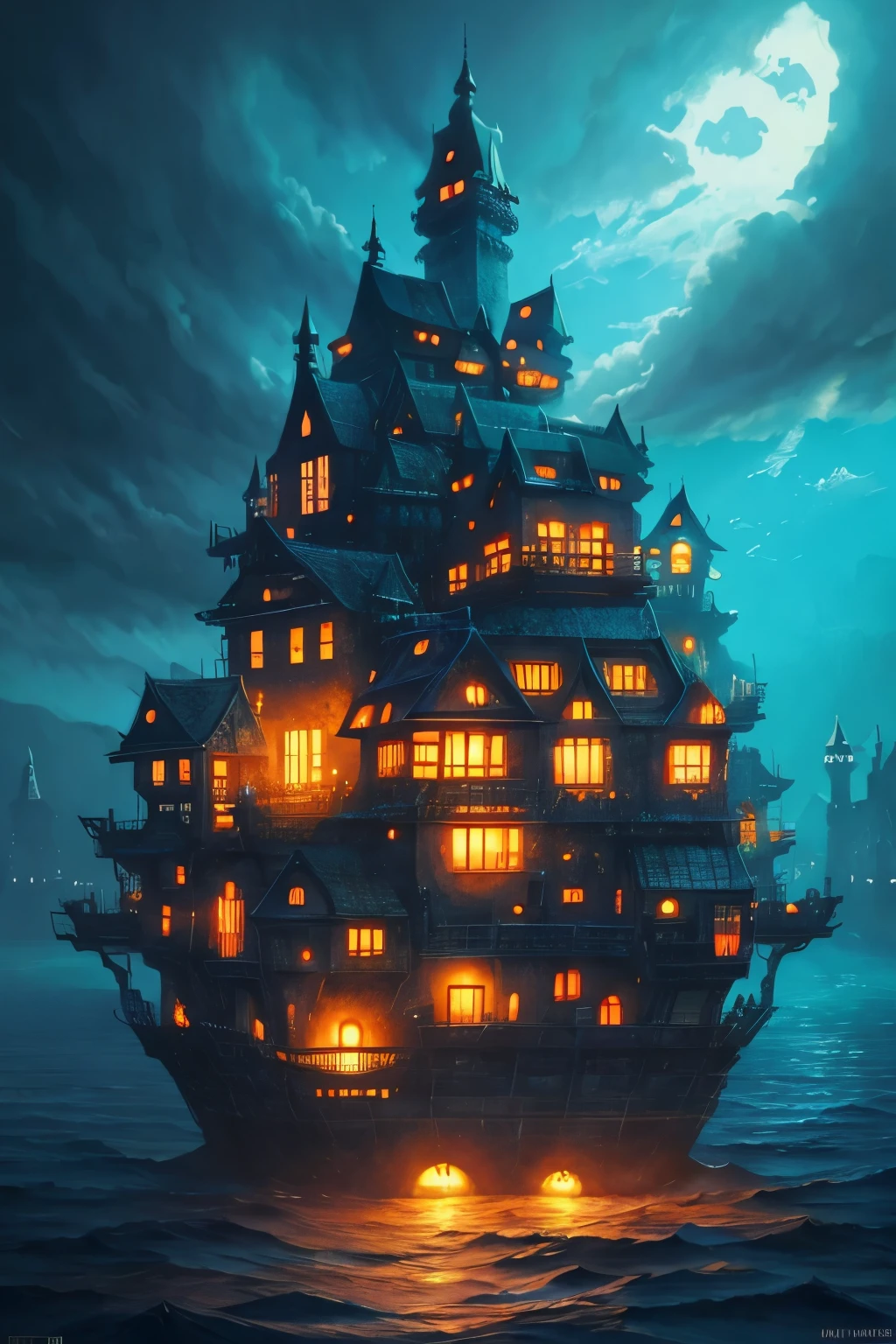 Color (Fantasy: 1.2), (Hayao Miyazaki style), (irregular building floating in the sea), patchwork cottages, flower decorations, lights, concept art inspired by Andreas Rocha, Artstation contest winner, Fantasy art, (underwater city), ross tran, light shafts, realistic lighting, masterpiece, high quality, beautiful graphics, high detail, masterpiece, high quality, beautiful graphics, high detail, 