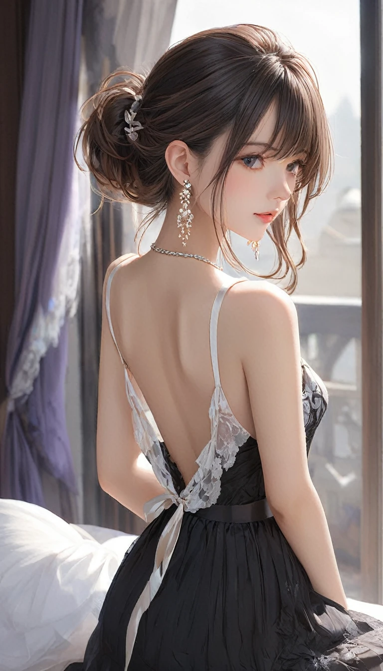 masterpiece、8K、32K、highest quality、(Detailed both eyes)、(cute japanese woman、bangs:1.3)、23 years old、1 girl、elegant、black hair、(movie、Ilford HP5、80mm、Depth of bounds written、:1.4)、(huge :1.2)、Black lace underwear、(white collar shirt:1.3)、Through the mirror