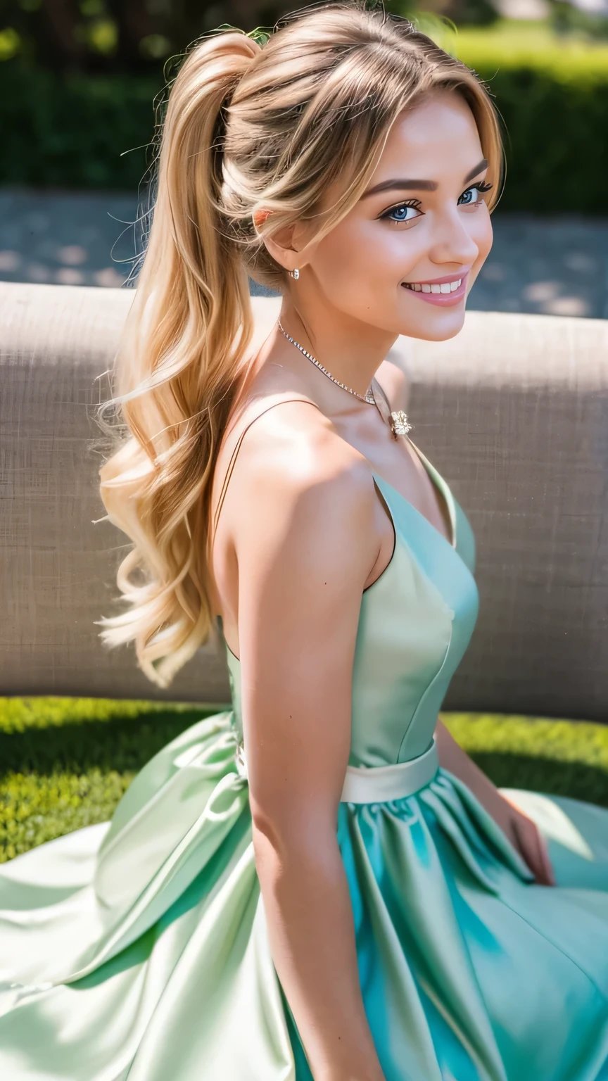 Realistic full body photo of a smiling blonde young girl with long hair, ponytail hairstyle, She dances in front of the camera in a long A-line bridesmaid dress with straps made of shiny dark green satin with white bow., Park,glamour fotoshooting, Wedding celebration, perfect anatomy, perfect blue eyes. Perfect hands with 5 fingers on each hand, Matching girl, look into the camera, 1 Frau. (Eye make up:1.1), (highly detailed skin:1.1), spirit, analog style, keen focus, 8K  UHD, dslr, good quality, Fujifilm XT3, Grain, Award-winning, ​masterpiece. Wedding celebration