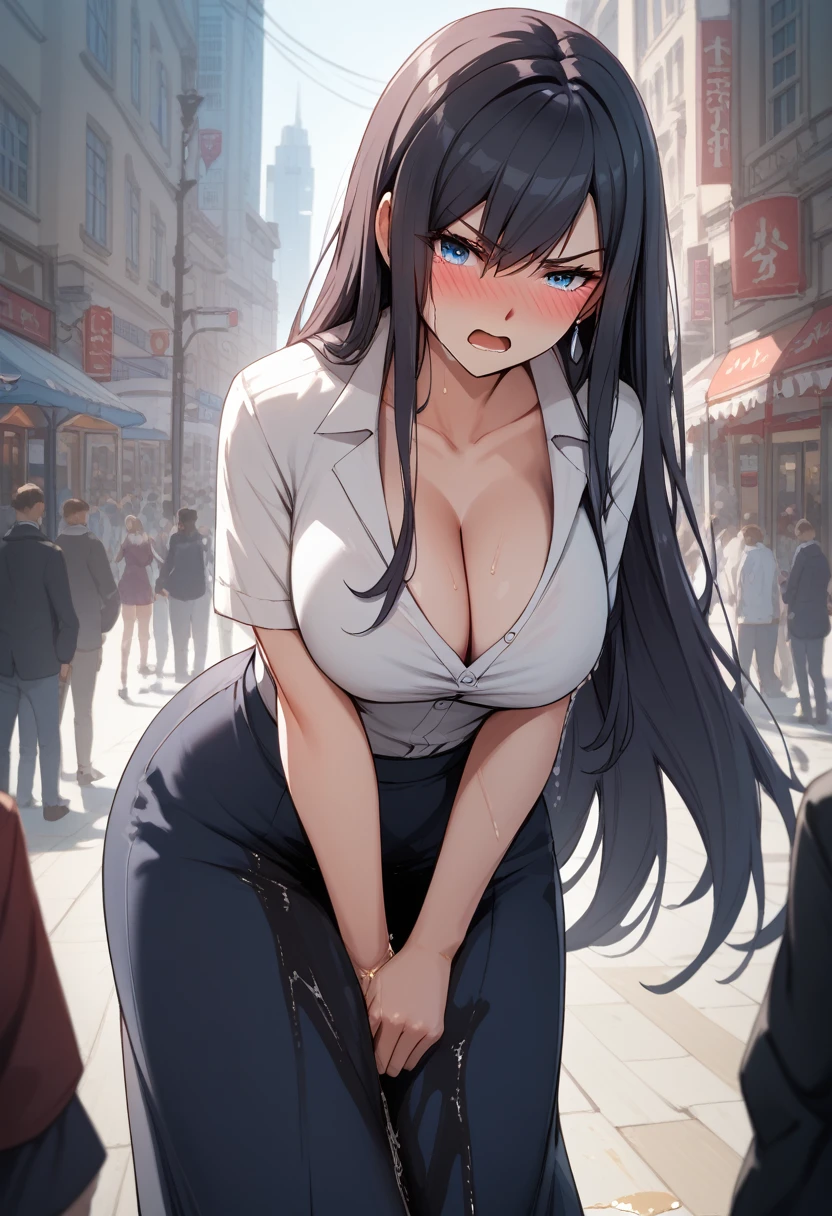 (high quality,Very detailed:1.37, High resolution), 2d, anime, anime style, anime source, Woman, Erza, dark black hair, very long hair, long bangs, blue eyes, dress, extremely long skirt, (pencil skirt:1.25), cleavage, huge breasts, looking at viewer, masterpiece, best quality, (wetting herself:1.5), (desperation:1.5), embarrassed, humiliation, (blushing:2.0), angry, open mouth standing, leaning forward, grabbing crotch, covering crotch, grabbing privates, city, crowd