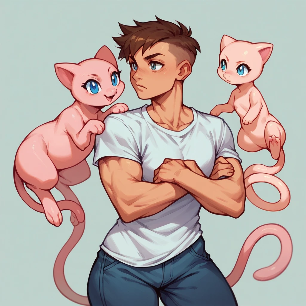 Human Male 23 Years, Brown pixie cut Side Hair Style  , blue pupils , white t-shirt , mew  pokemon on the side ,Street Fighter Style ,mew big wide hips 