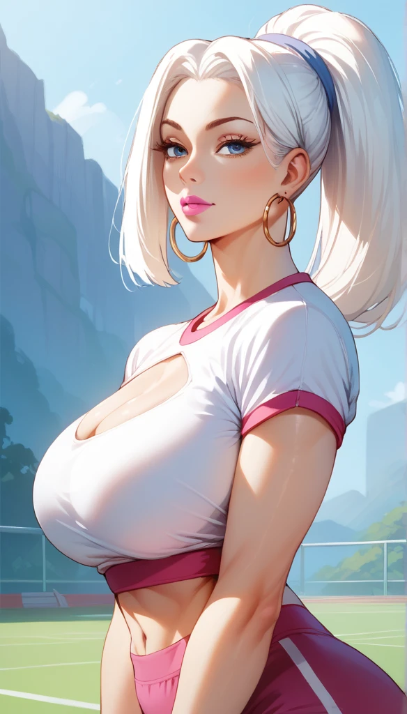 score_9, score_8_up, score_7_up, score_6_up, score_5_up, score_4_up, mei mei  blue eyes, white hair , big hoops earrings ,pink lipstick ,big rounded breasts breasts ,hair ponytail , bracelet ,gym outfit