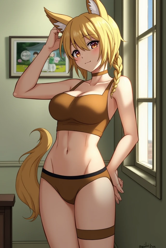 (masterpiece), ((best quality)), (super detailed), (beautiful eyes beautiful details eyes, Clean and delicate face), (whole body, standing), Furry, muscle body, solo, blonde pony tail, slick back, smile, white dress shirt over naked, abs, medium breasts, (blushes 1.5), blushes a lot, steam, sweating, orgasm, wolf tail, wolf fangs, fur, furry body, anthro wolf girl, white underwear, open shirt, navel, thigh, clavicle, thighhigh, simple background