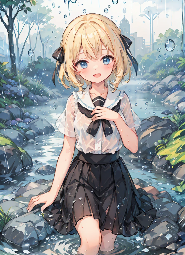 (8k, Highest quality, masterpiece: 1.2), Ultra-high resolution, 1 person, cute, Blonde, Small breasts, Highly detailed face, White blouse, shirt, downpour, heavy rain, soaked, Black underwear, ribbon, gothic long skirt, Water droplets all over the body, A childlike smile, The best smile, heavy rainの中走り回る, Water up to my chest, big flood, 