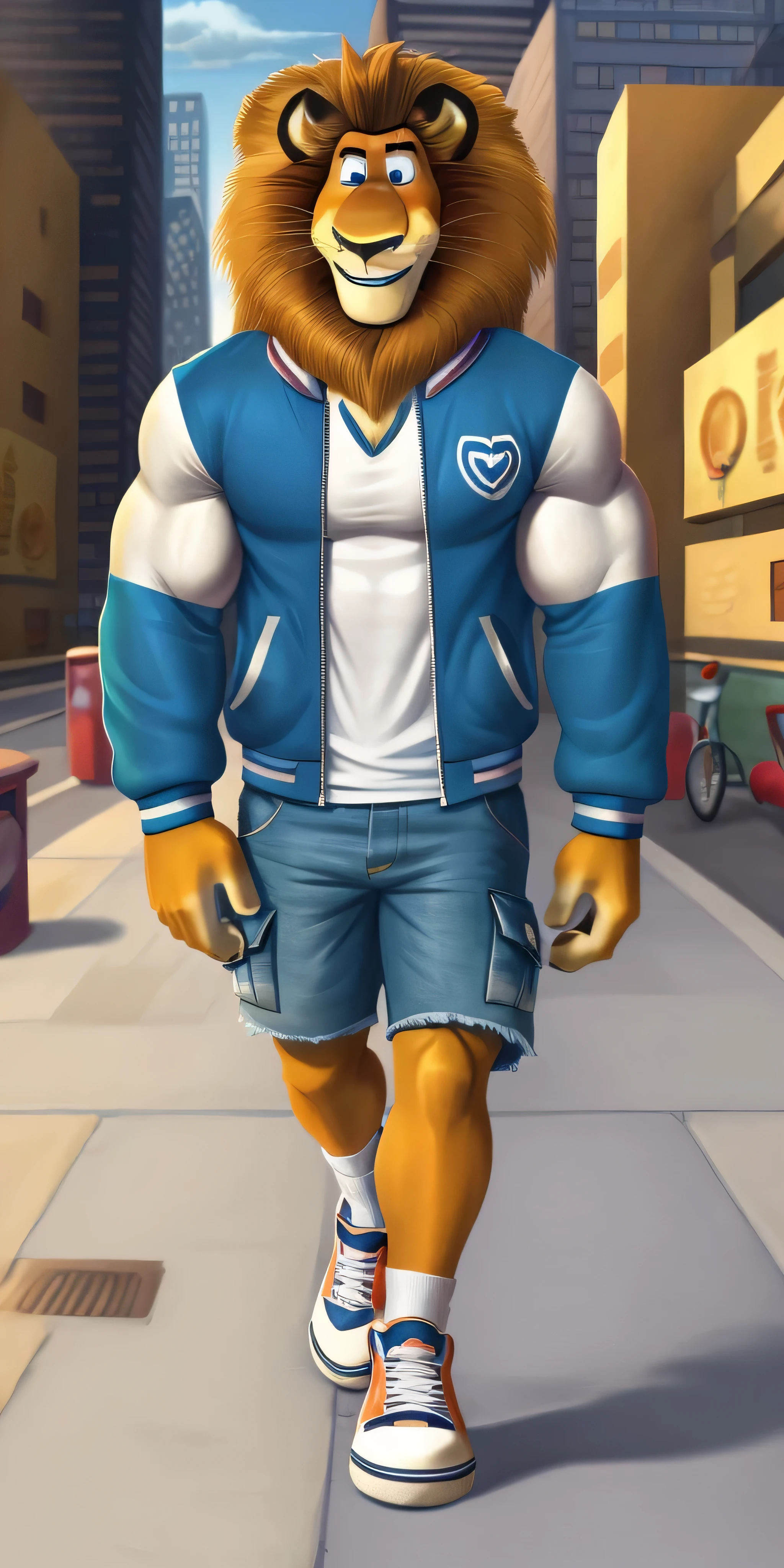 Alex the Lion, muscular body, big biceps, extremely beautiful and cute face, perfectly detailed blue eyes with perfectly detailed pupils, wears white t-shirt, cyan varsity jacket, denim cargo shorts, sneakers, hands in pockets, city streets background, selfie, friendly look, cute smiling, walking