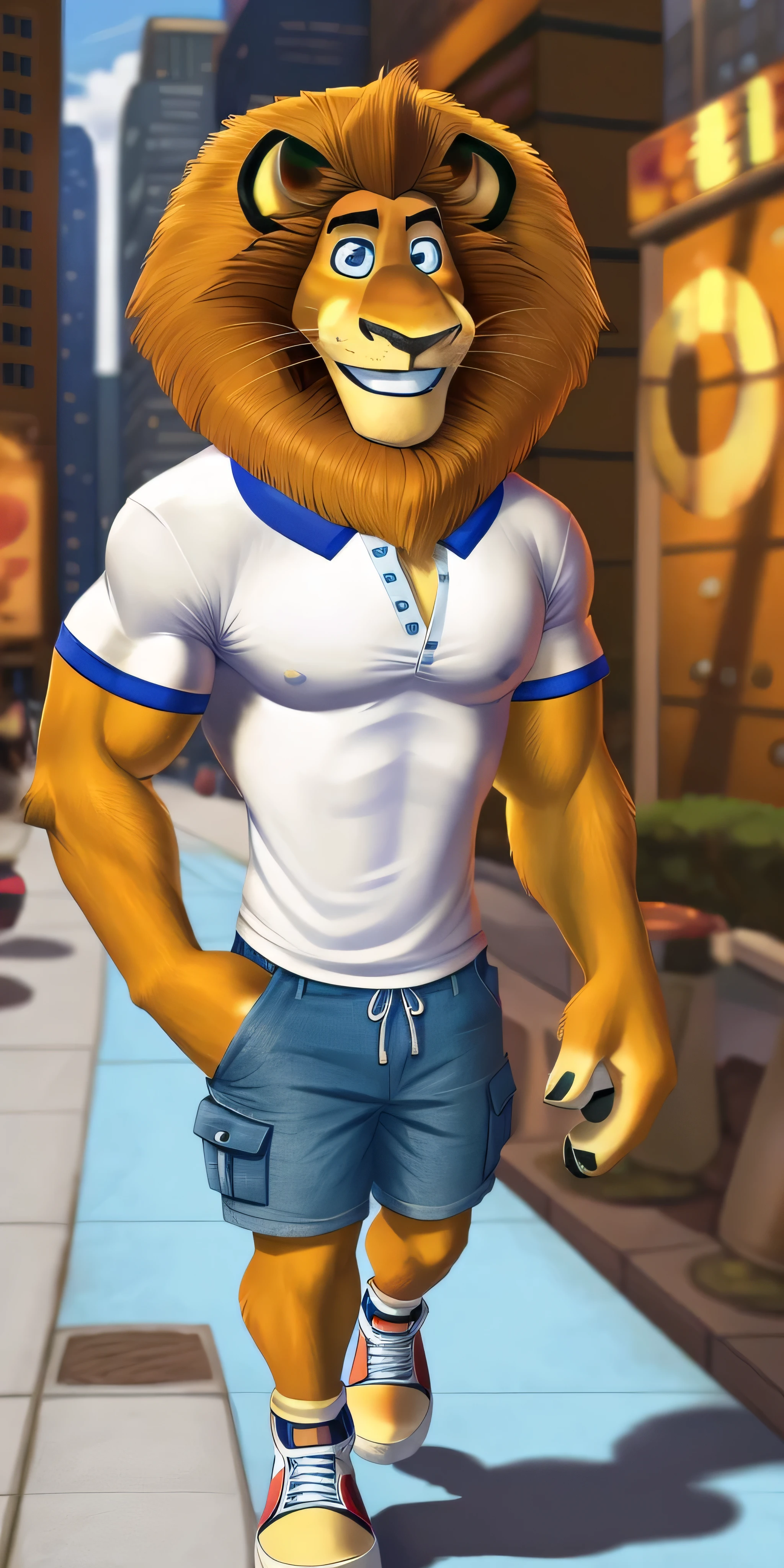 Alex the Lion, muscular body, big biceps, extremely beautiful and cute face, perfectly detailed blue eyes with perfectly detailed pupils, wears white t-shirt, cyan varsity jacket, denim cargo shorts, sneakers, hands in pockets, city streets background, selfie, friendly look, cute smiling, walking