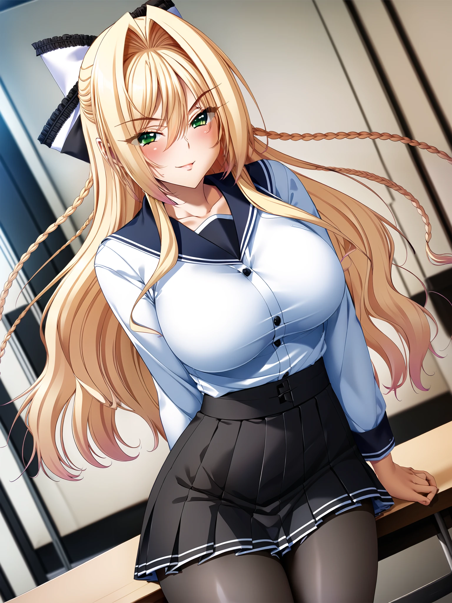 green_Eye, long_hair, Blonde_hair, hair_bow, Large Breasts,
best quality, (8K), (4K),(masterpiece), (best quality), Extremely detailed, complex, Ultra Detailed, (perfect face), illustration, perfect_Eye,
(1 Girl), beautiful girl, (portrait:1.3), indoors, student, classroom,
(Uniforms), Black pantyhose, (Wrinkles_skirt),nude
(permanent),  (Smile:0.7), Shut up, Looking at the audience,