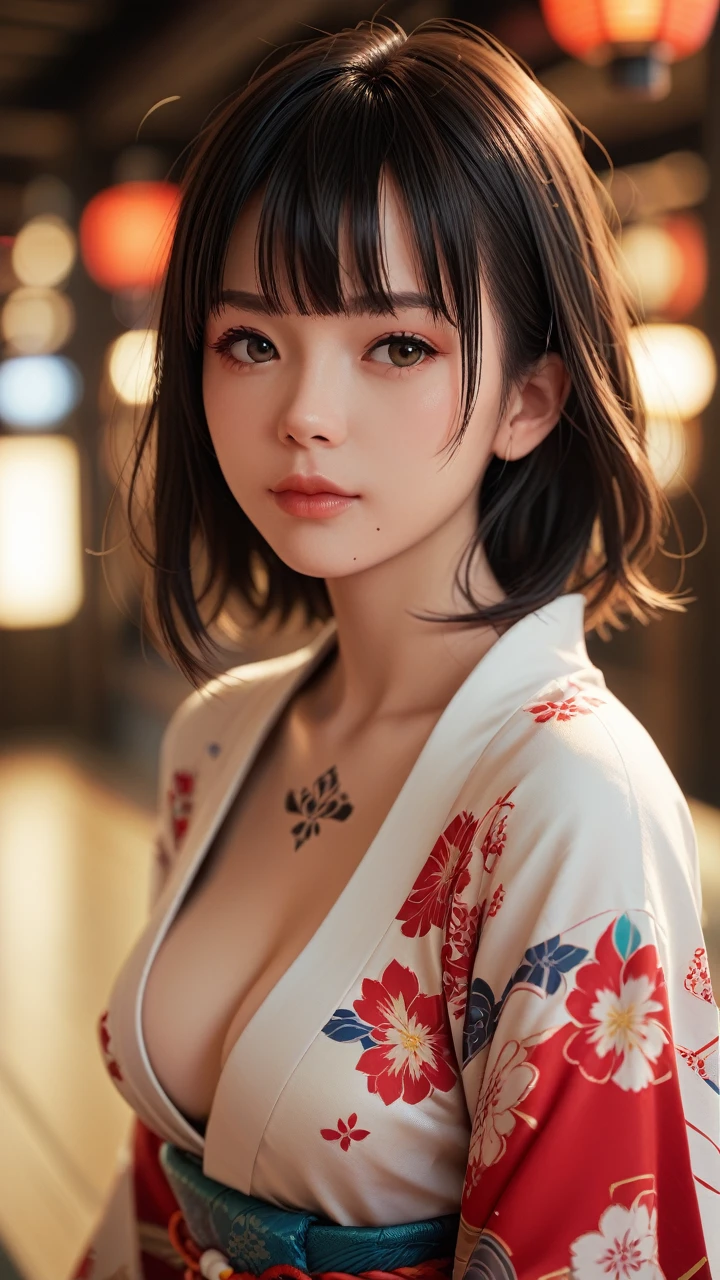 score_9, score_8_up, score_7_up, rating_safe, 1girl, solo, breasts, straight hair,medium hair, kimono, medium breasts, closed mouth, bangs, mole, blurry, lips, depth of field, blurry background, mole under mouth, facing viewer,  array of tattoos ,