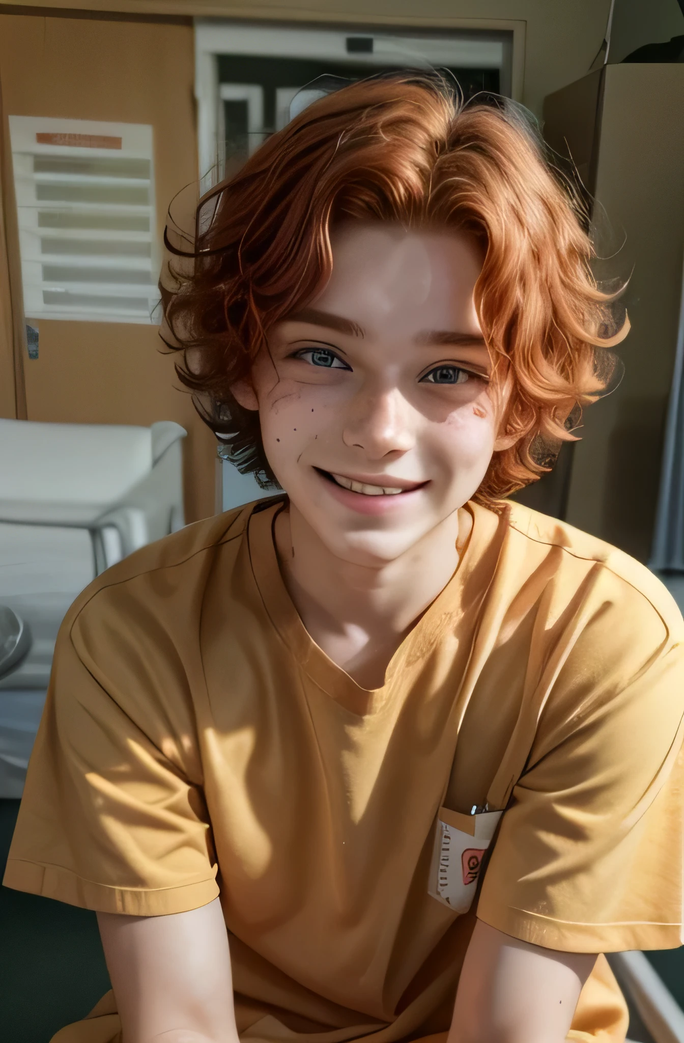 14 year old boy, short wavy red hair, clear green eyes, freckles