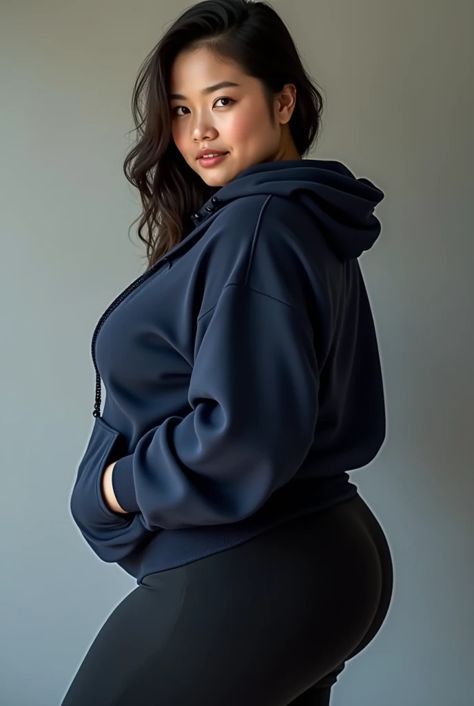 Beautiful sensual woman with a curvy body, long hair, bangs, french braid, widest waist, fitting breasts, curvy accentuated booty, sparkling eyes, long eyelashes, thick thighs, Strong calves, shy Look, taniaayusiregar, She wears a hoodie, leggings, leaning against the railing of a porch of a small Mountain hut, evening in Winter, snowy, photorealistic, Masterpiece, bokeh, Volumetric lighting, winter season atmosphere, full body shot from the side