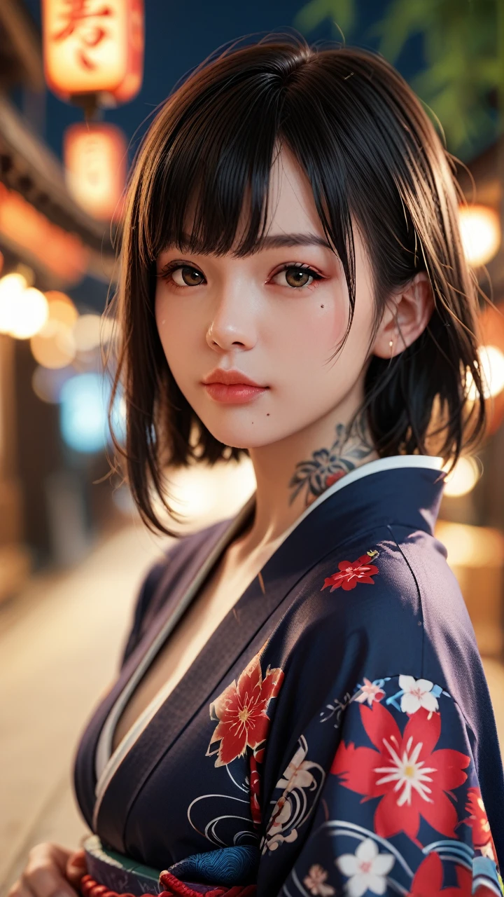 score_9, score_8_up, score_7_up, rating_safe, 1girl, solo,  straight hair,medium hair, kimono, closed mouth, bangs, mole, blurry, lips, depth of field, blurry background, mole under mouth, facing viewer, array of tattoos 