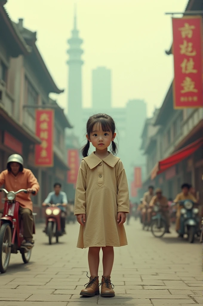 A  in dinosaur pajamas holding an old-fashioned phone in her hand in the background in the Forbidden City