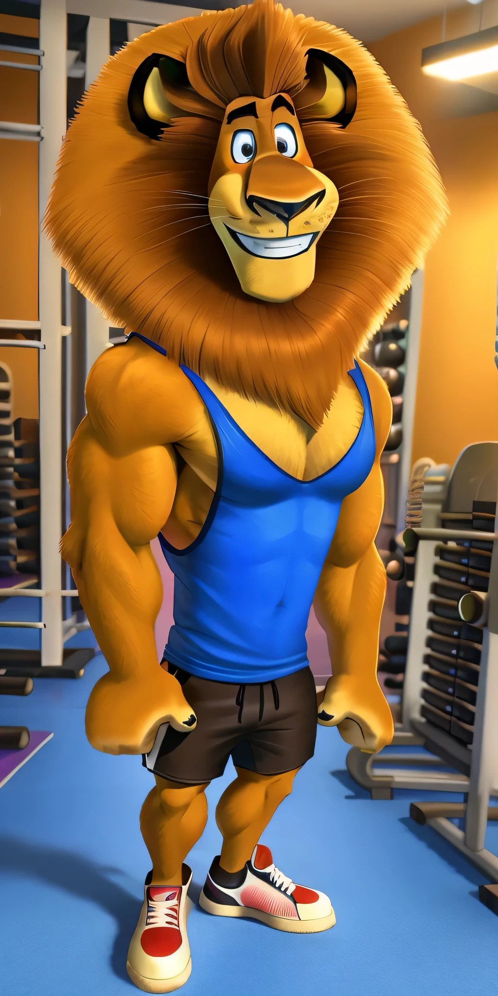 Alex the Lion, solo, muscular body, big biceps, extremely beautiful and cute face, wears blue tank top, black shorts, sneakers, gym background, friendly look, cute smiling, selfie, showing his bicep