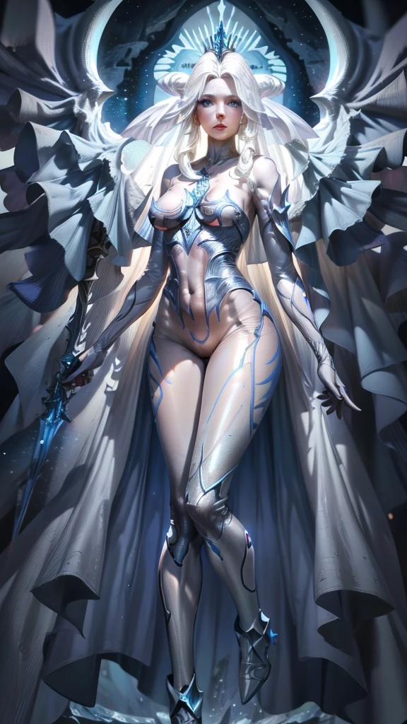 hydaelyn_tpa, 1girl, veil, white bodysuit, cape, parted lips, crown, starry background, blue eyes, space, legs apart, cinematic lighting, highly detailed, absurdres, masterpiece,