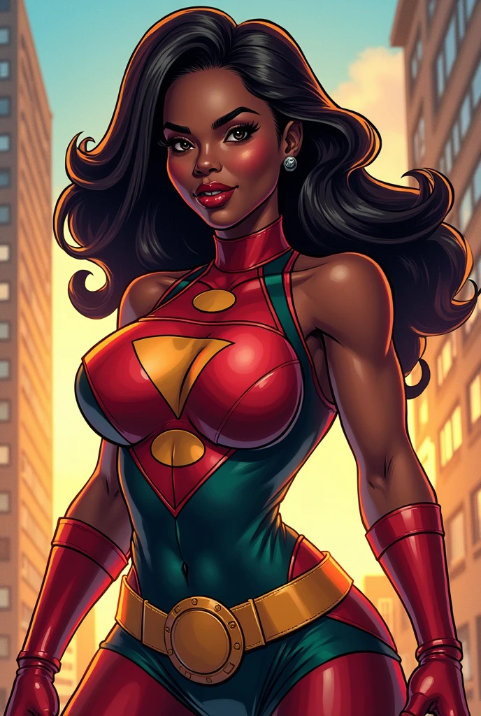 1girl, solo, breasts, dark_skin, dark-skinned_female, straight_hair, black_hair, shiny, shiny_hair, lips, parted_lips, brown_eyes, huge_natural_breasts, huge butt, eyelashes, big_lips, lipstick, very_long_hair, mole, mole on chest, very dark-skinned female, chubby female, chubby girl, highly detailed, clear focus, chubby, chubby woman, high quality, best quality, 8k, smile, latin girl, spiderman cosplay, spiderman suit, spiderman performance, fantasy, full spiderman suit, spiderwoman suit, spidergirl, spiderwoman