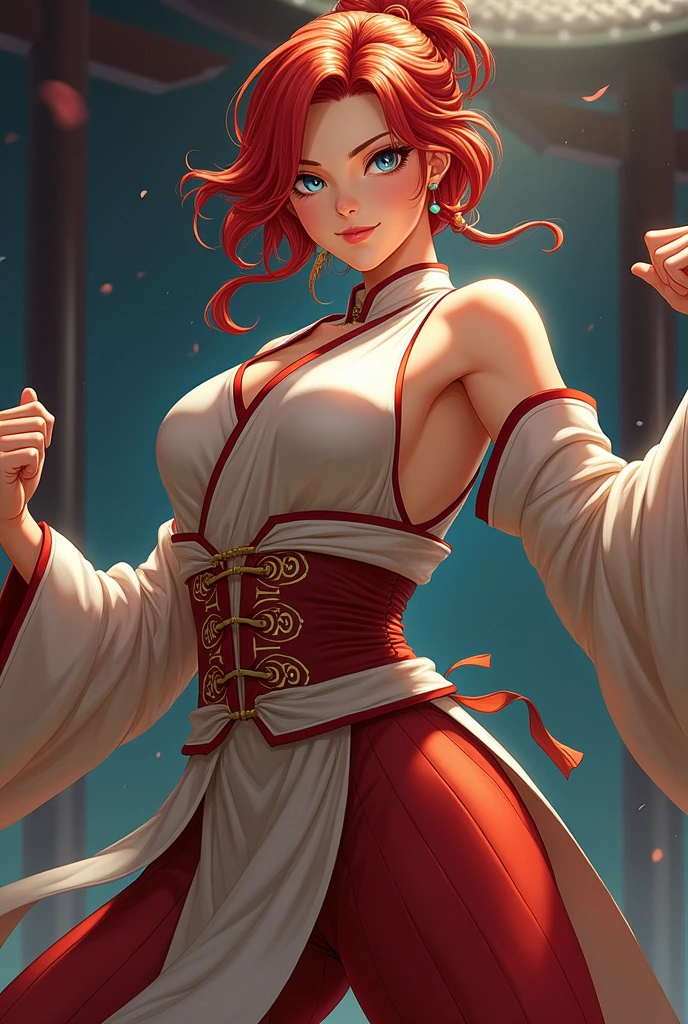femaleranma, braided ponytail, gorgeous girl standing solo, fight position, ((fist hands)), serious face, baring teeth in anger, ((blank_eyes)), lipstick, large blue-eyes, short red hair, blushing, perfect big tits, ((old chinese red shirt)), ((super torn shirt open exhibing colossal cleavage)), perfect body, shining skin, ((steam around scene)), perfect legs, thick thighs, masterpiece, best quality, highres, very detailed image, ((plain_backgorund:1.3))